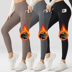 Women's High Waist Thick Thermal Yoga Pants XL Spandex Print Leggings Pocket Warm Winter Fleece Lined Polyester Print Pattern