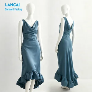 High Quality China Clothing Manufacturer OEM ODM Design Your Own Satin Asymmetrical Cowl Neck Ruffled Maxi Dress