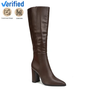 Women's Fashion Winter Boots Brown PU Leather Knee-High Block Heel with Zip Closure Comfortable Lightweight Stylish Square Heel