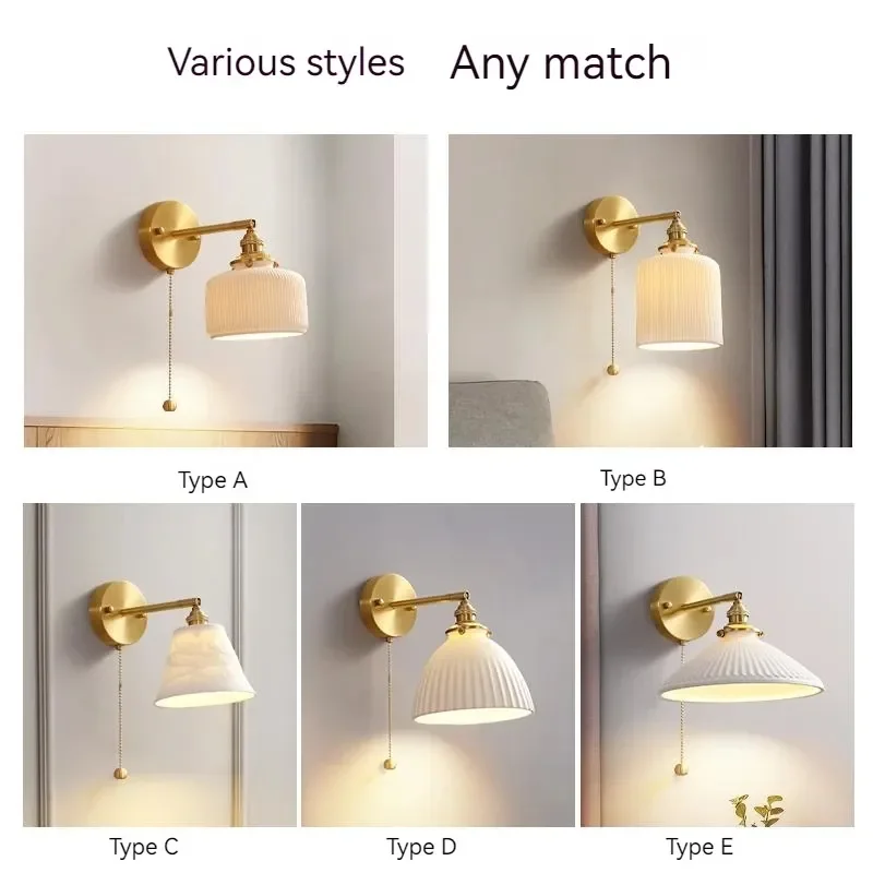Brass Ceramic LED Wall Lamp Pull Switch Sconce Bedroom Bedside Interior Wall Light Home Decorative Lighting LED Wall Light