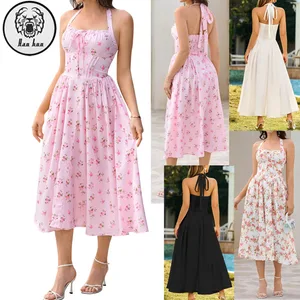 High Quality Midi Pleated Sleeveless With Tie Bow Strap Women Summer Pink Floral Casual Dress