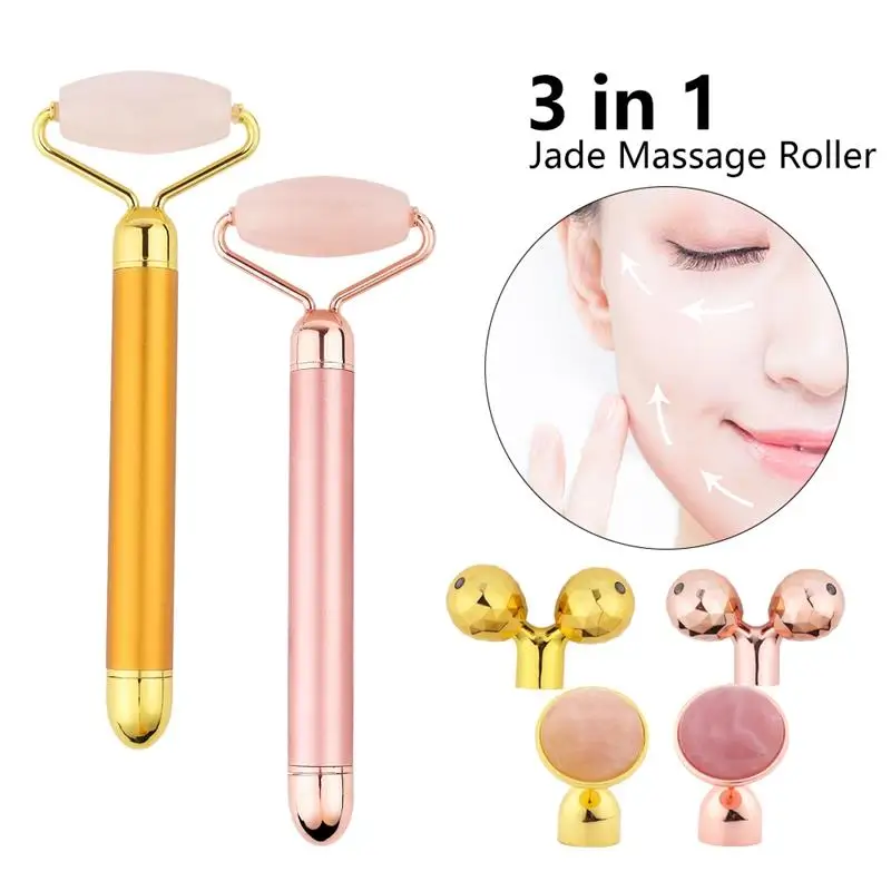 3 In 1 Electric Vibrating Jade Stone Roller Set Natural Rose Quartz Jade  Face Lifting Massager with 3 Replaceable Heads