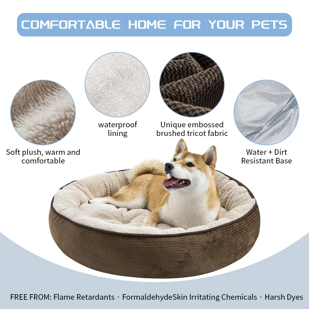 Hot selling fluffy soft warm plush washable calming luxury round donut pet dog bed factory