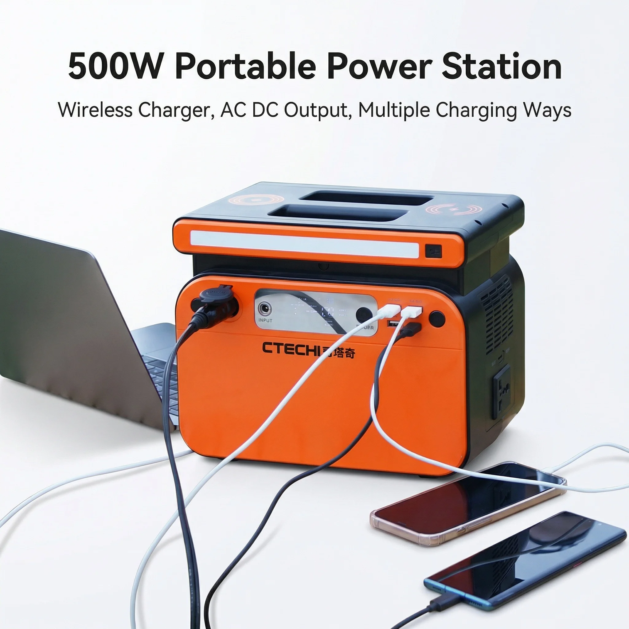 CTECHi Wireless Portable Phone Charger 518Wh Power Bank AC DC Output 500W  Portable Solar Camping Power Station Solar Generator
