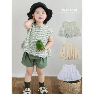 YOEHYAUL LX0202 Summer Cotton Vertical Stripes Baby Shirts Tops 100% Cotton Lining Tank Top Vest Loose Baby Girls Top Design