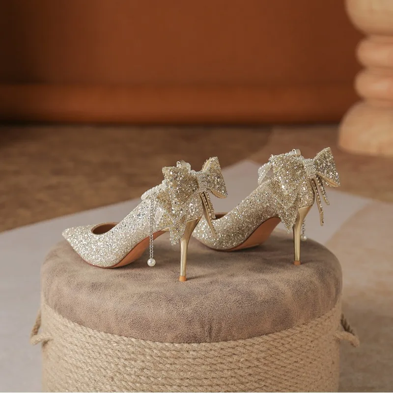 All Seasons New Crystal Stiletto Pointed Shallow Cut Tacones altos Zapatos  de boda para mujer con diamantes de imitación para novia