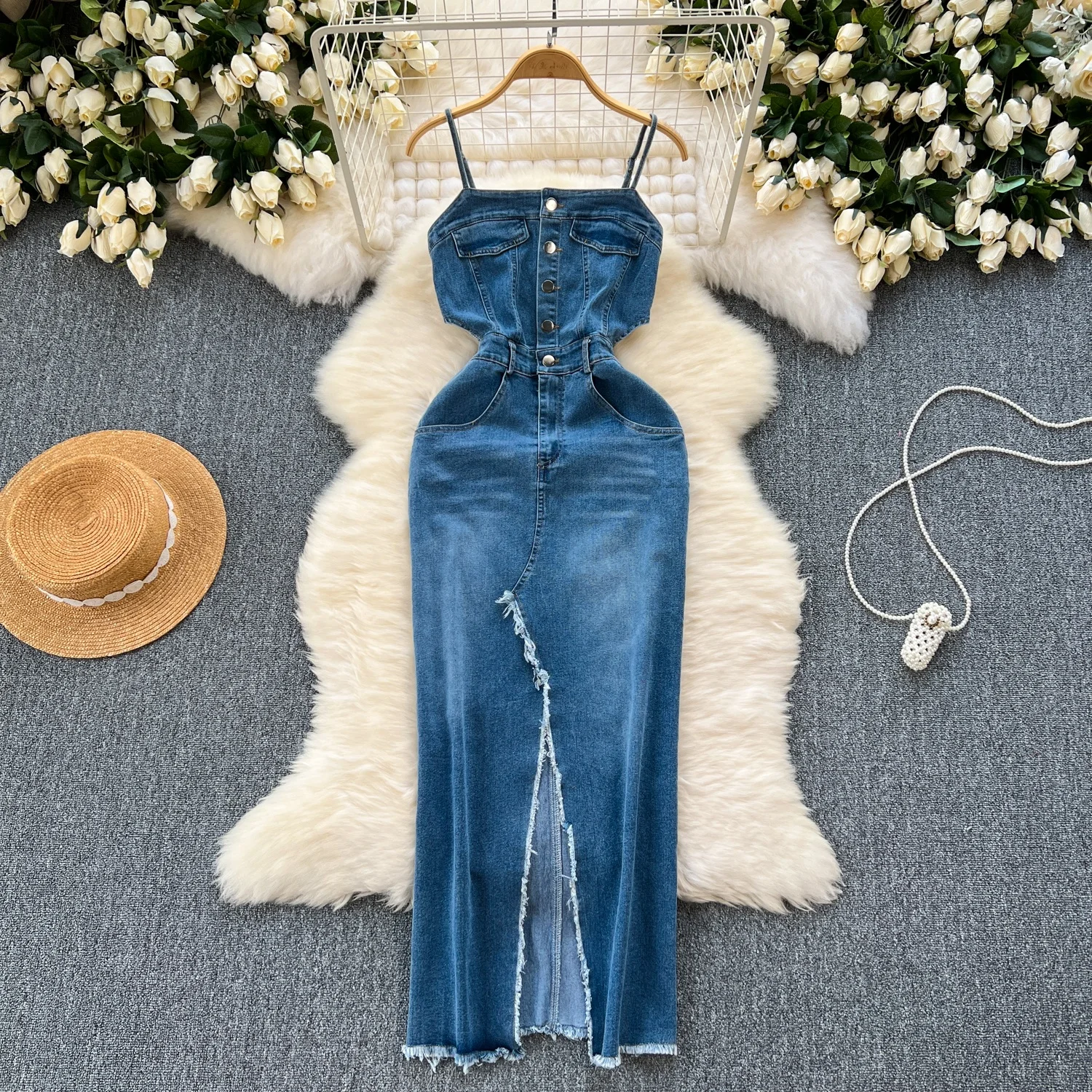 Retro Design Raw Edge Split Slim Long Halter Denim Dress Women Summer Retro Design Raw Edge Split Slim Long Halter Denim Dress Women Summer