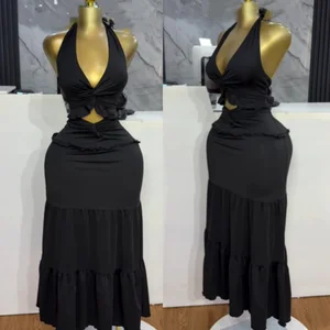 Viviblook Z717ST04 Ladies Outfits New Sexy V-neck Halter Strap Twisted Maxi Skirt Suit 2 Pieces Set for Women