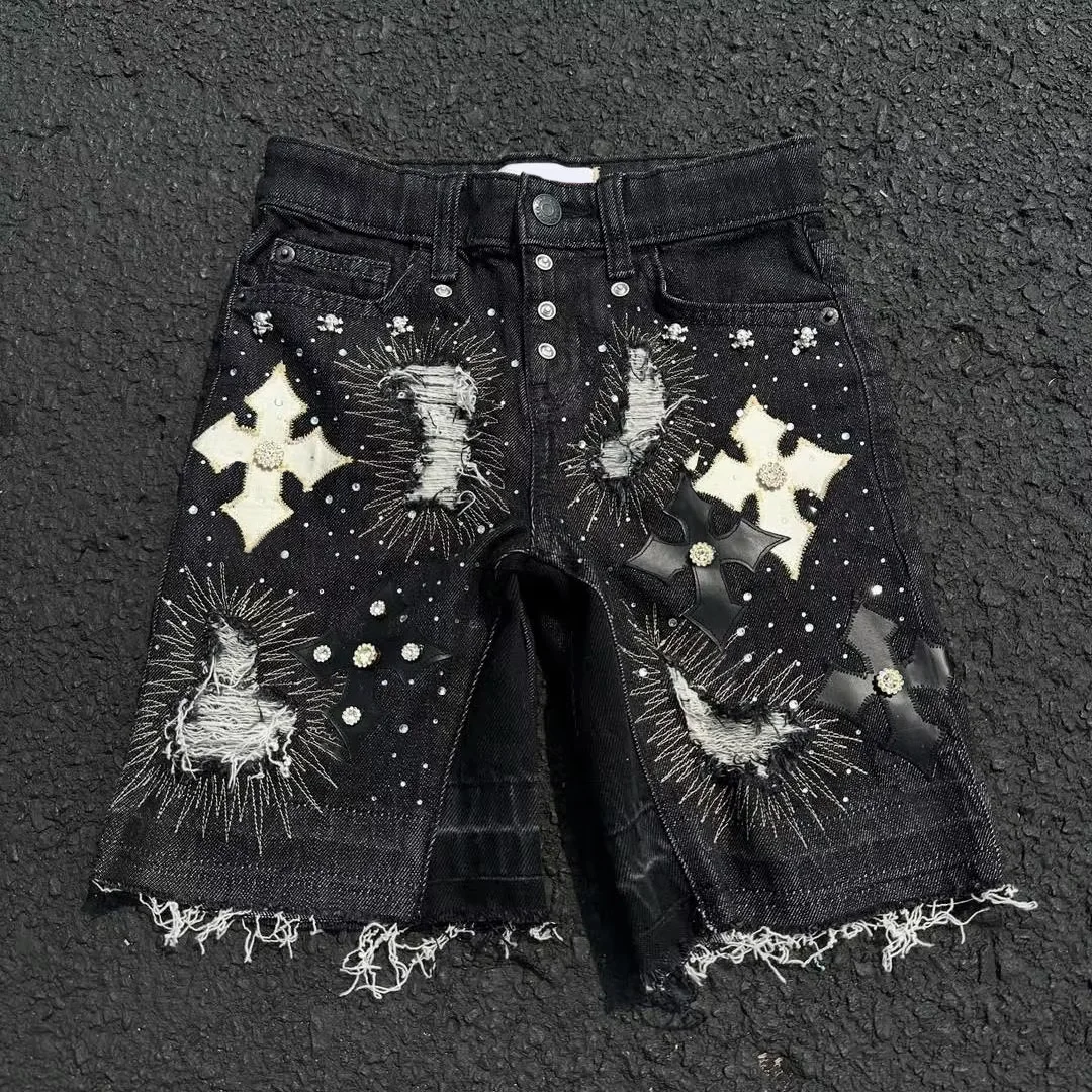 Producenttilpassede dobbeltknæede, forældede, syrlige vaskede, løse rhineston-jorts i denim til mænd