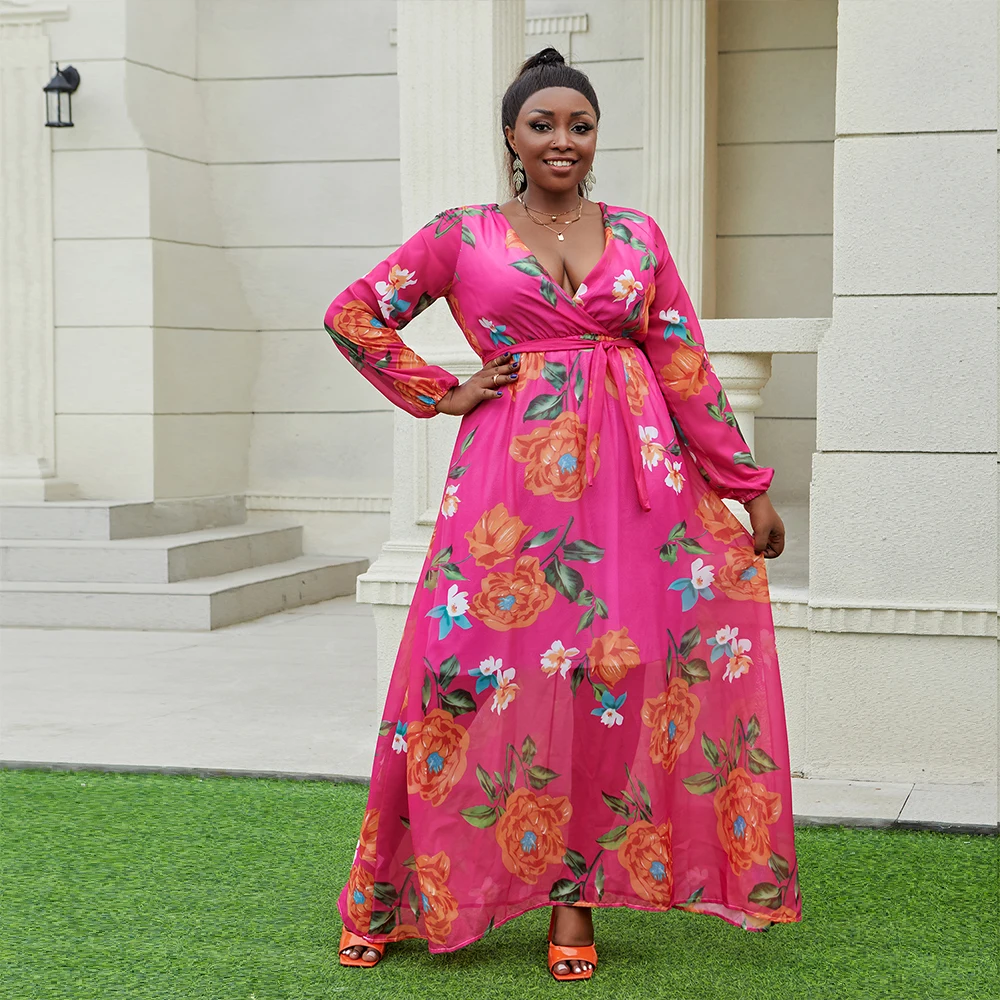 Floral Dresses Maxi Day Dress With Sleeves Women Plus Size White