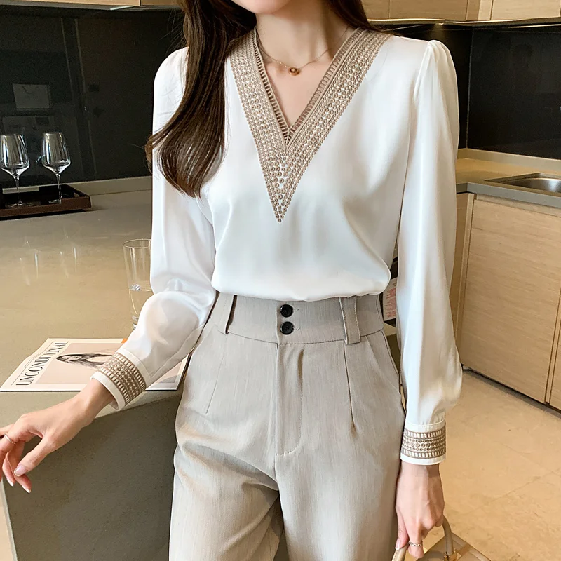 2022 Ladies Blouses V Neck Embroidery Long Sleeve White Shirt Elegant ...
