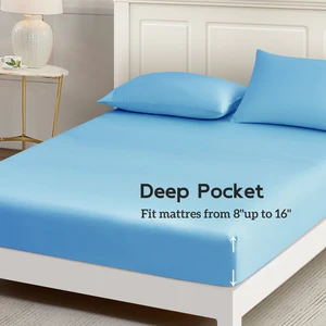 Waterproof Silk Fitted Sheet Set with Mattress Cover Solid Color 400TC All-Season