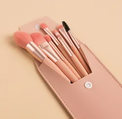 Высокое качество, 8 комплектов в партии, мини-ПК с набор кистей для макияжа с местом для хранения с сумочкой в тон розового цвета макарунов, кисть для нанесения основы под макияж с деревянной ручкой из мягкого меха Портативный косметический набор