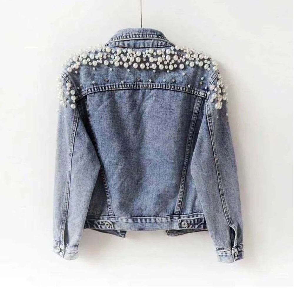 Heavy Duty Beaded Short Long Sleeve Large Pearl Women's Denim Jacket Coat  Sehe Fashion