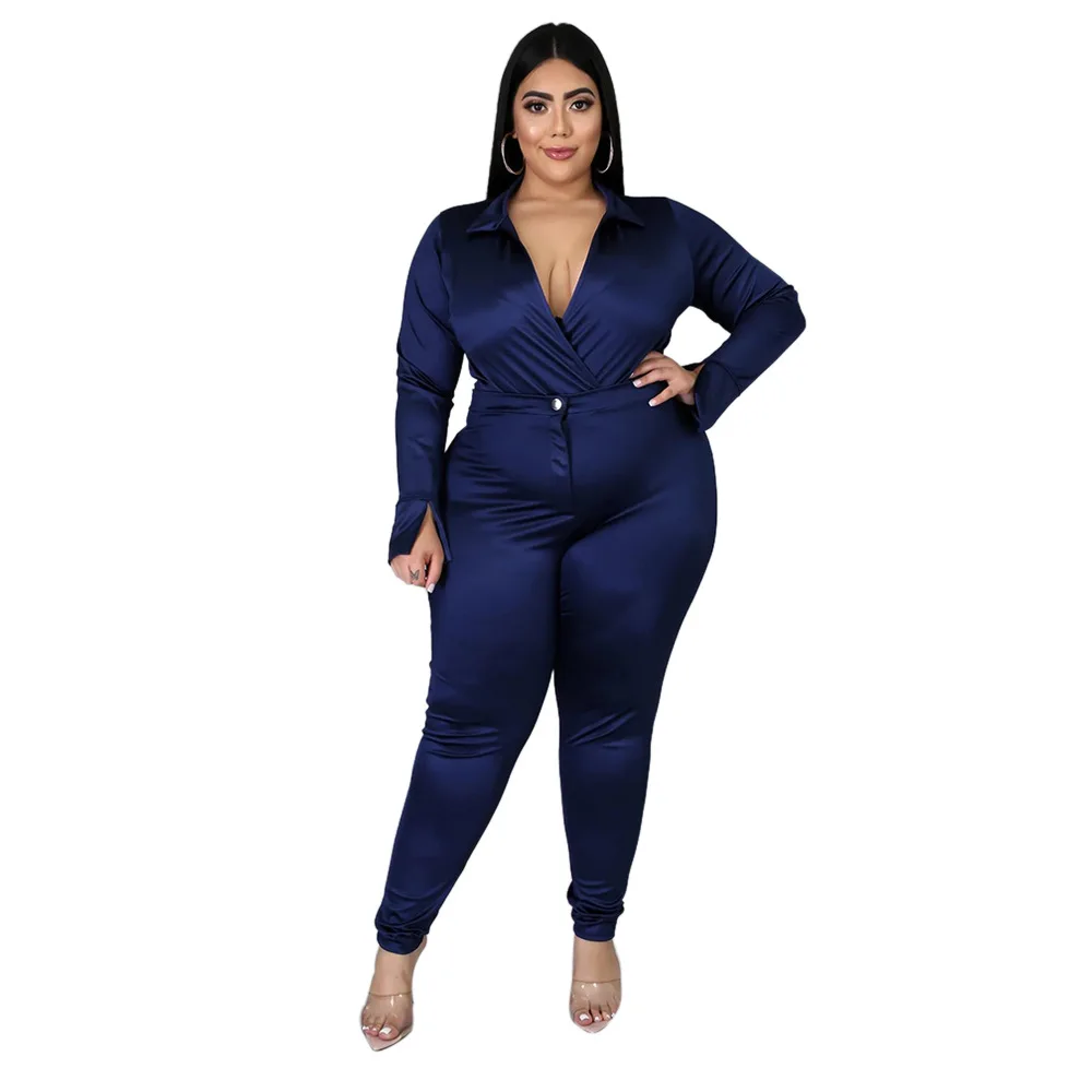 New Arrival V-neck Bodysuit Pants Plus Size Romper Bottom Solid