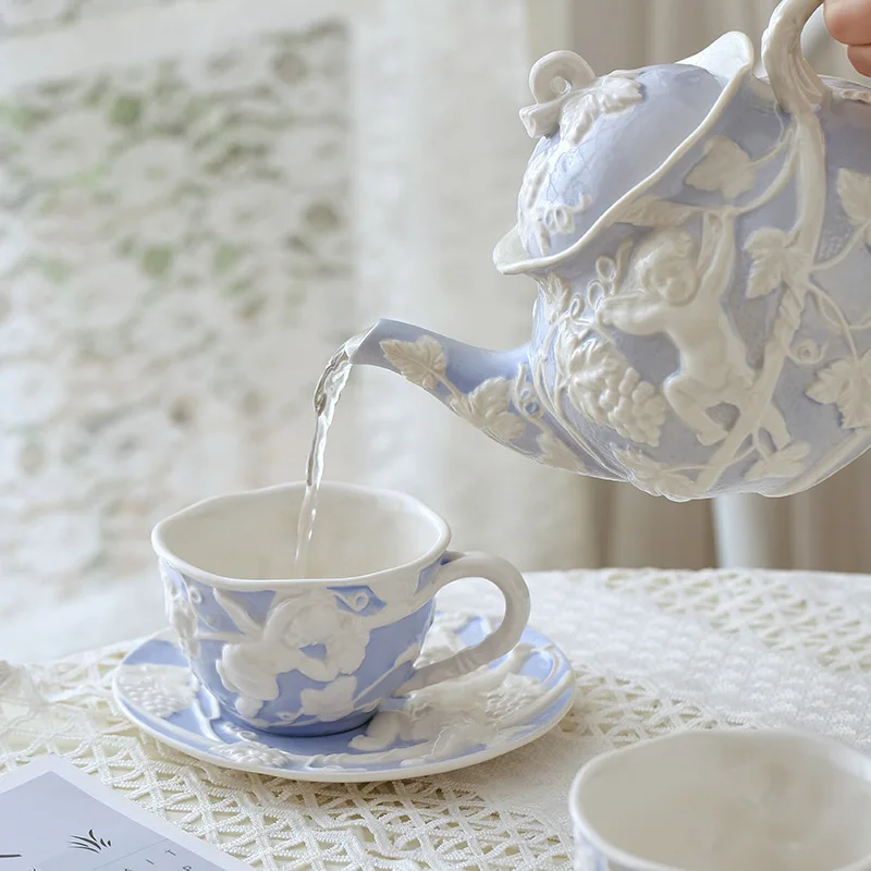British 220ml Wholesale Angel Embossed Ceramic Coffee Cup With Saucer Vintage Britain Irregular Porcelain Coffee Mug Plate