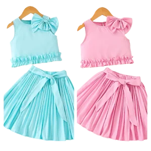 Boutique 2026 Summer Kids Fashion Clothes Sleeveless Bow Tie Blouse Pleated Skirt Two Piece Set Wholesale Girls Clothing