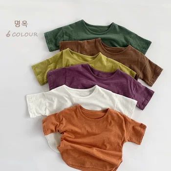 2025 Summer Cool Breathable Korean-Style New Slub Cotton Baby Shirts for Kids Boys and Girls O-Neck Casual Short-Sleeved T-Shirt