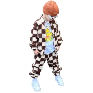 Kids Clothes Vendor Fleece Sherpa Cotton Zip Jacket Jogger Sets Checkerboard Boys Clothing Sets