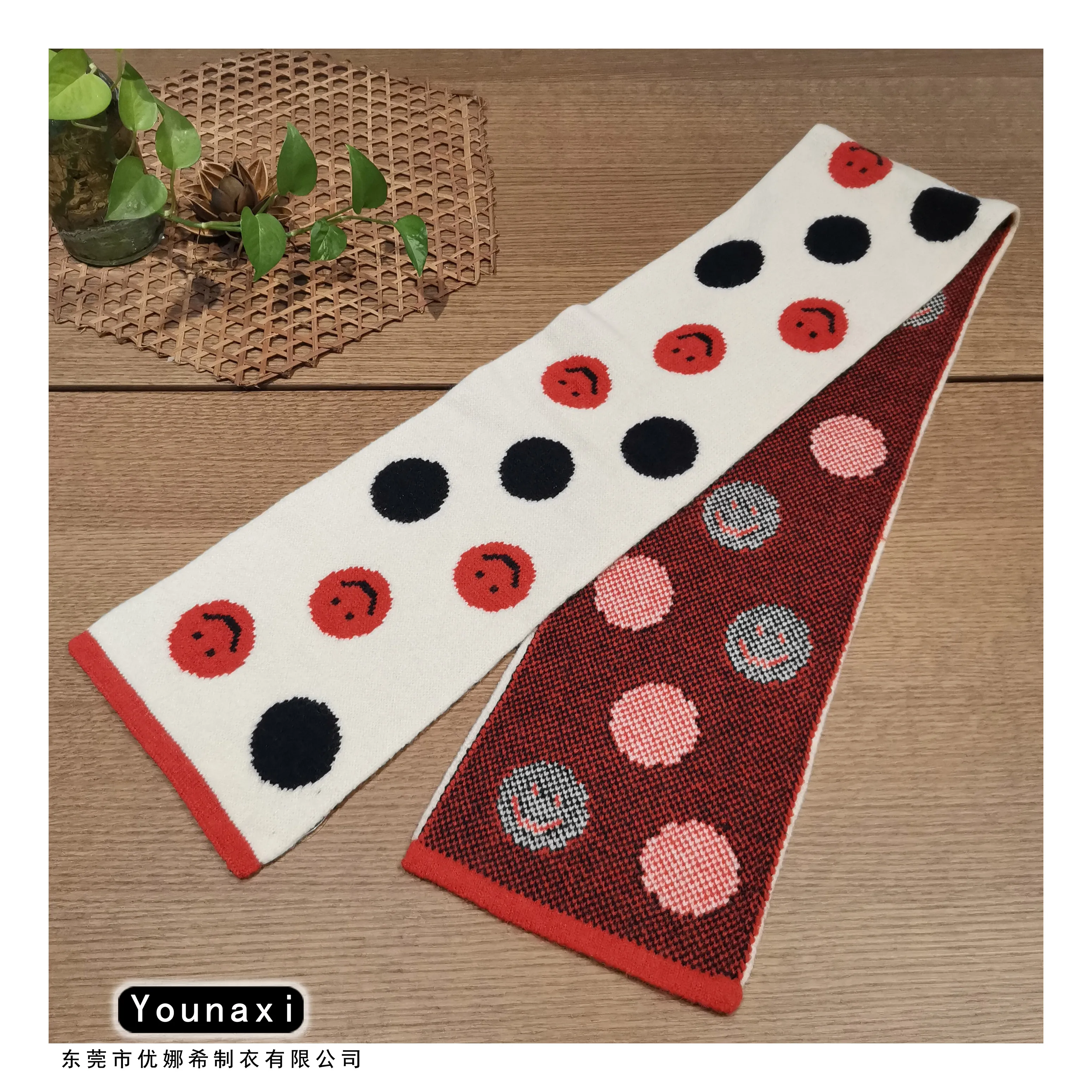 Woolen knitting scarf warm red happy smiley face letter double-sided jacquard wool scarf for men and women