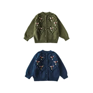 YOEHYAUL Spring &Autumn New Design O-Neck Embroidered Toddler Cardigan Organic Cotton Knitted Baby Sweater Oem for Girls