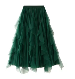 Ruffle Mesh Layered Midi Skirt Gitterroch-Rock for Women Custom Asymmetrical Hem Pleated Flared Designer Tulle Clothing