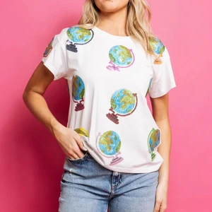 LYG Wholesale Custom New Design Multicolor Globe Sequin Embroidery Tee Shirt Crewneck Cotton Fashion T-shirt