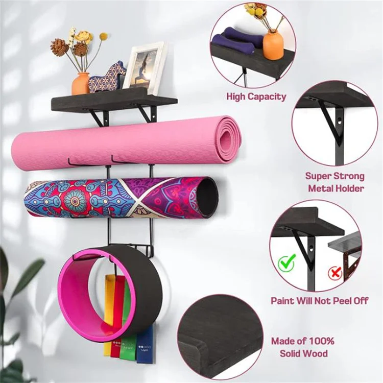 Home Gym Accessories Wall Mount Yoga Mat Storage Rack With Wood