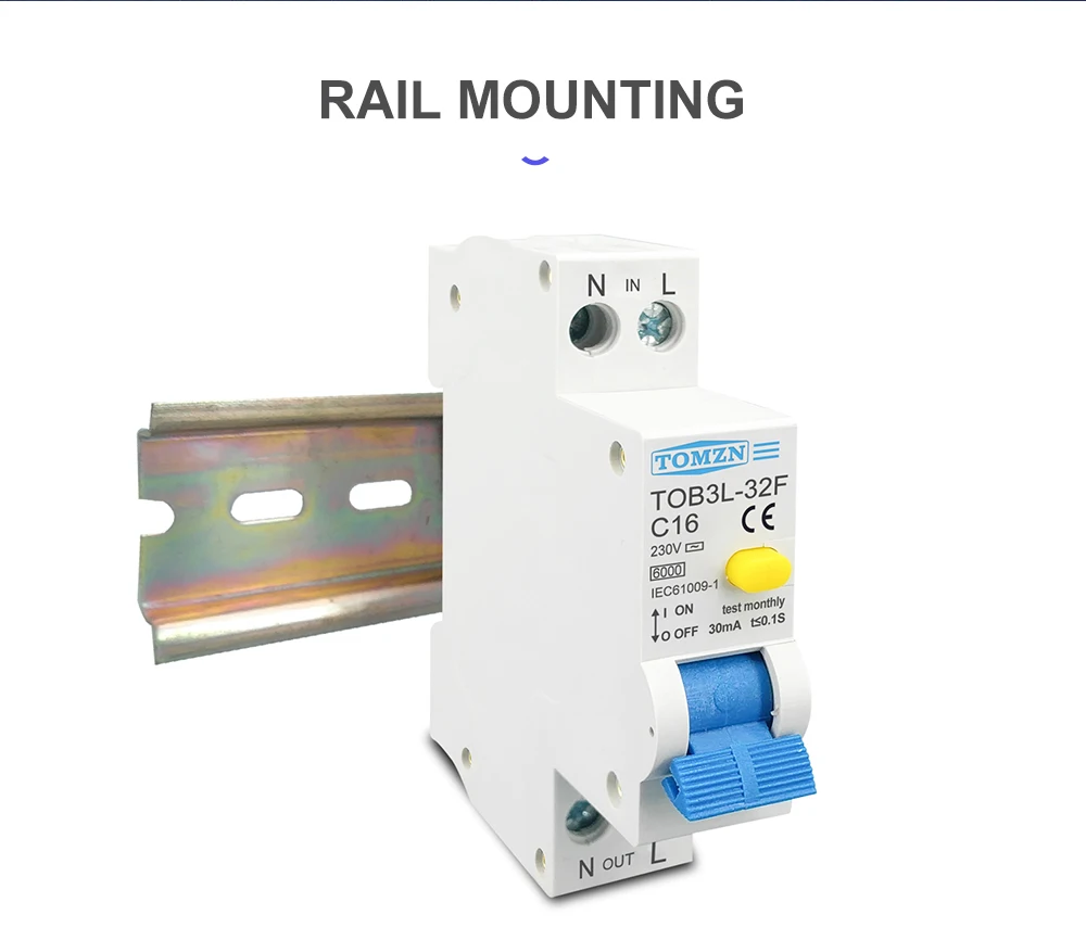TOMZN RCBO 1P+N 6KA Residual Current Differential Automatic Circuit Breaker Over Current Leakage protection 18MM 230V 50/60Hz