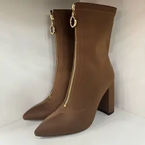 BUSY GIRL QD22 French Retro Front Round Buckle Zipper Pointed Toe Women's Boots New Brown Thick Heel Mid-length Boots for Women