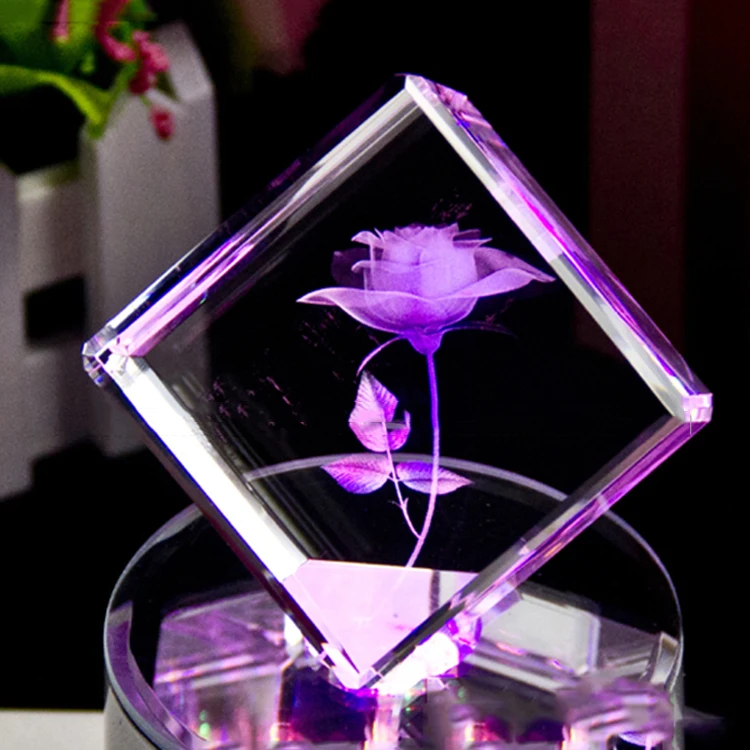 Custom 3d Laser Crystal Flower Rose Cube Led Light crystal paperweight Wedding Gift Favors