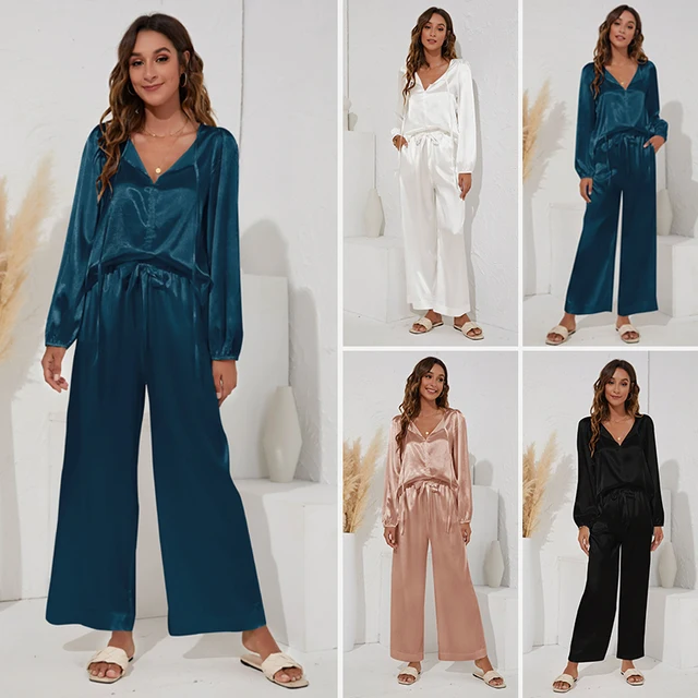 Wholesale Women Ladies Polyester Satin Silk Pajamas Sets Long Sleeve Top+Pants 2 Pieces Nightwear Luxurious Women Sleepwear
