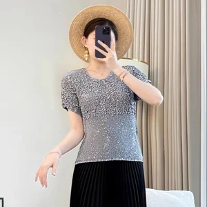 Summer New Neck Elegant Short-sleeved Women's Large Size Satin Pleated T-shirt Casual Slim-fit Slimming Design Sense Top Solid