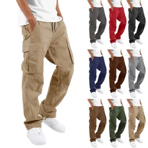 High Quality New Fashion Solid Color Drawstring Multi Pocket Work Trousers Cargo Pants Blank Outdoor Sports Pants