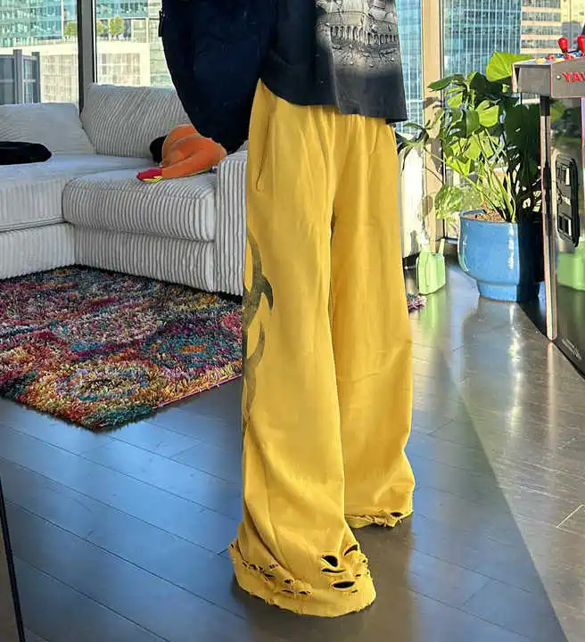Salati Casual Nylon High Quality Oversized Wide Leg Acid Wash Stacked Flared Baggy Sweatpants Oversized Hem Hole Distress Pants