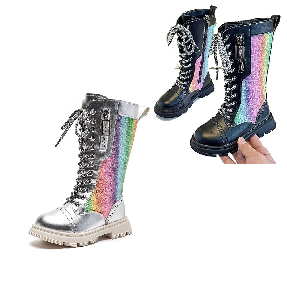 Q31062 Glitter Rainbow Lace-up Boots - Warm Winter Shoes
