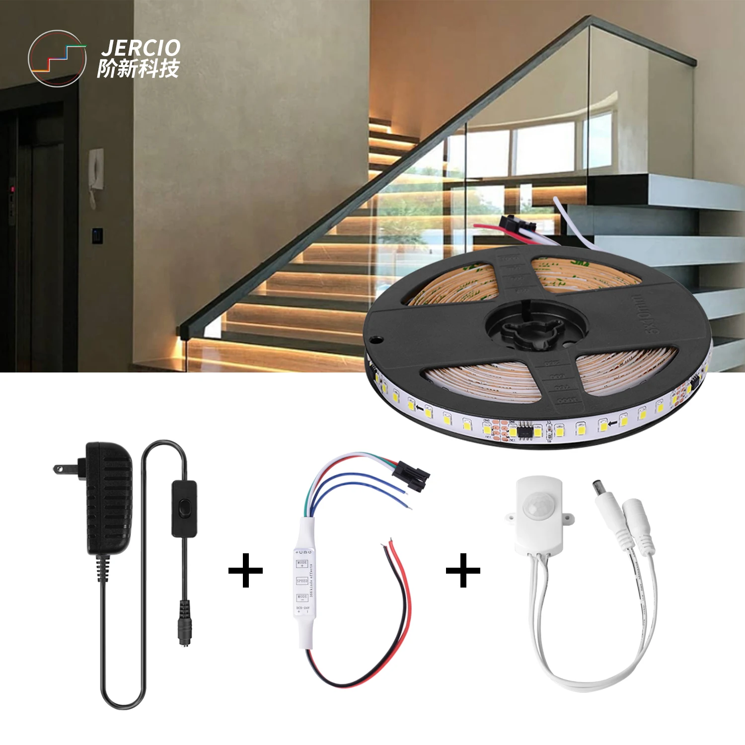 Jercio 5M LED Light Strip Motion Sensor 12V Under Cabinet Light Kitchen Lamp 2835 Ribbon LED Strip Stairs Lighting
