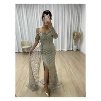 Elegant Off The Shoulder Side Slit Evening Dresses Formal Tulle Sleeve Sequin Embroidered Party Gowns Plus Size For Women