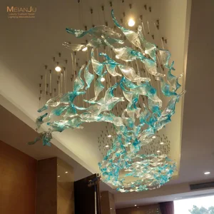 Luxury Hotel Lobby Chandelier Customized Long Handblown Murano Glass Sky Blue Chandelier Pendant Villa Hall Hanging Lamp