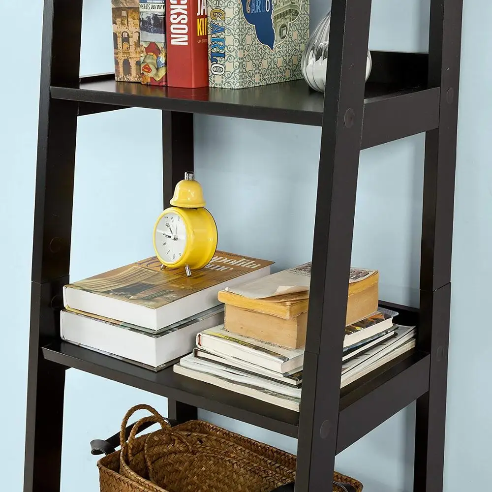 Bamboo Bookshelf Storage Organizer Display Ladder Shelf Black Color