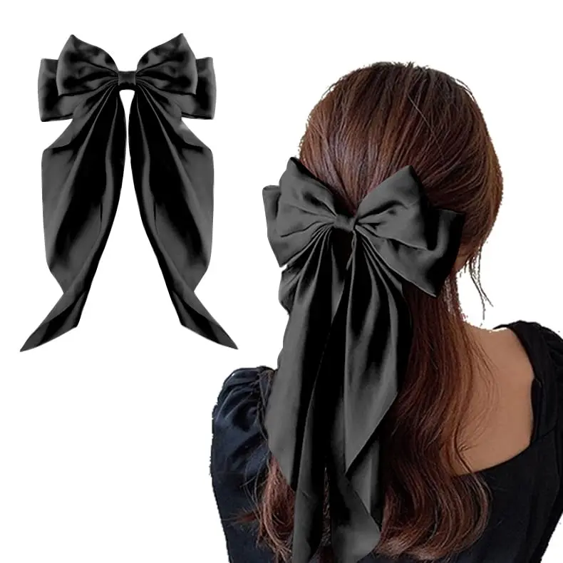 Silky Satin Big Hair Bow Clips Barrettes With Long Tail,French Hair ...