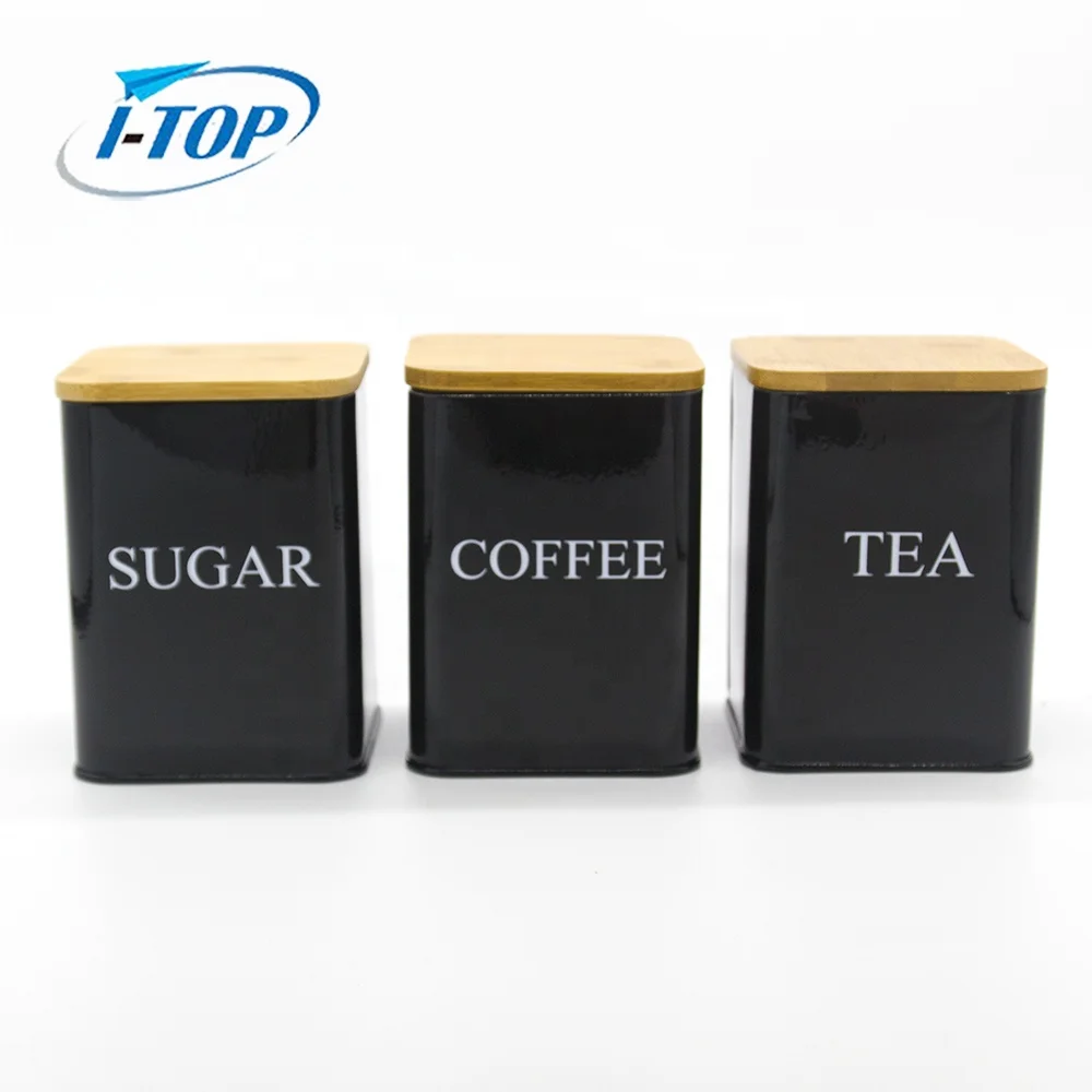 Kitchen Organizers Black 3 piece set Tea Sugar Bamboo Lid Stainless Steel Metal square airtight canister Coffee Tin