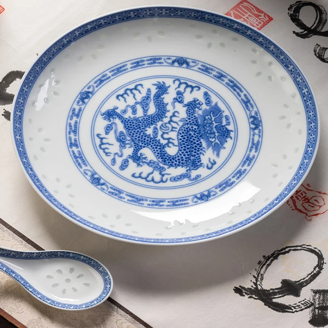 Chinese traditional high-grade blue and white porcelain tableware set combination Jingdezhen Chinese style retro ceramic bowl details