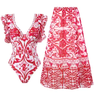 2024 New Printed One Piece Swimsuit for Women Monochrome Beach Dress Swimwear Women Custom Elegant Bathing Suits Ruffle Swimwear