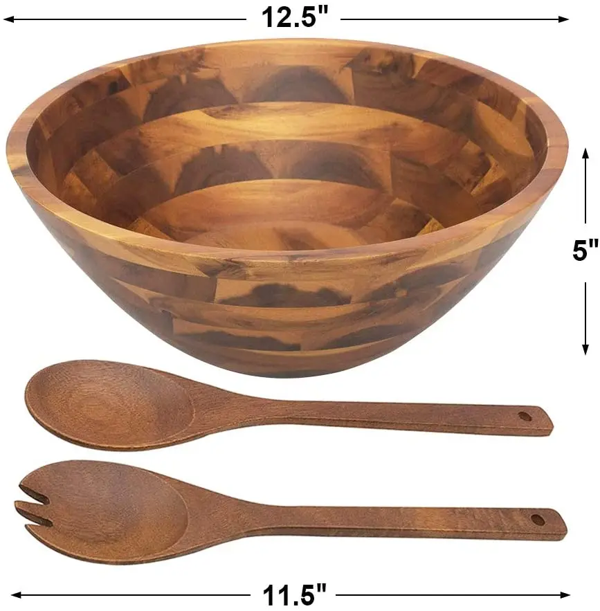 Large Wooden Salad Bowls With Salad Spoon And Fork 12.5" Wooden Salad