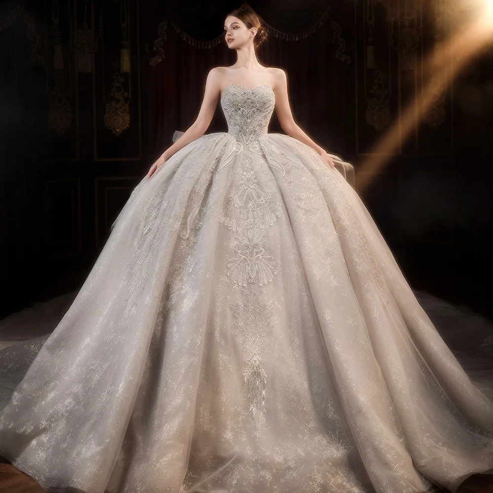 beaded organza wedding dress Strapless Straight-Neck Organza Ball Gown Wedding Dress with Beaded Neckline