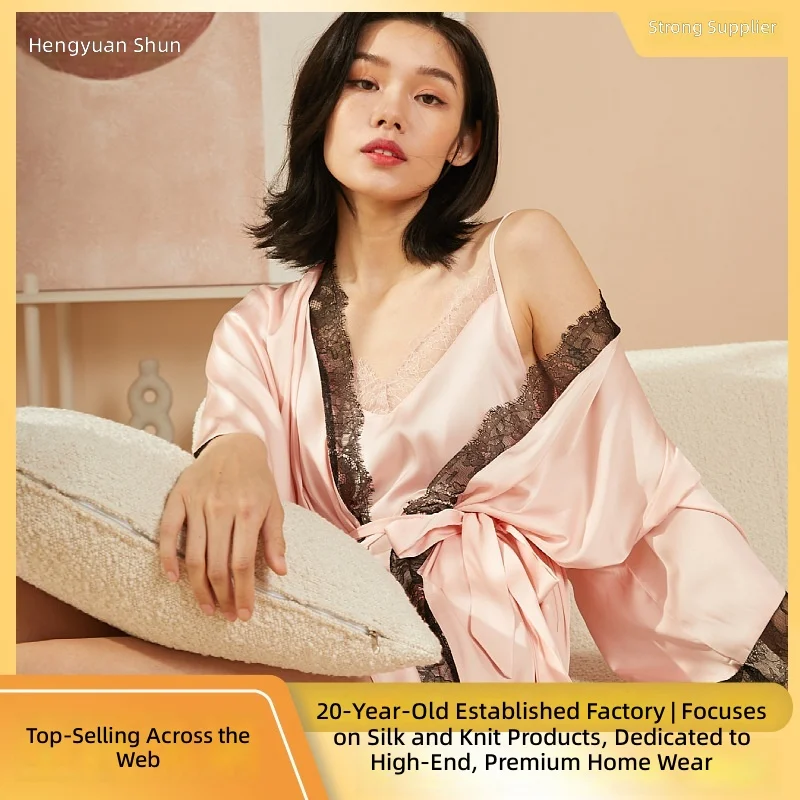 New Satin Long Sleeve Night Pajama Set for Men & Women Breathable Elastic Waist Silver Grey Skin-Friendly Texture