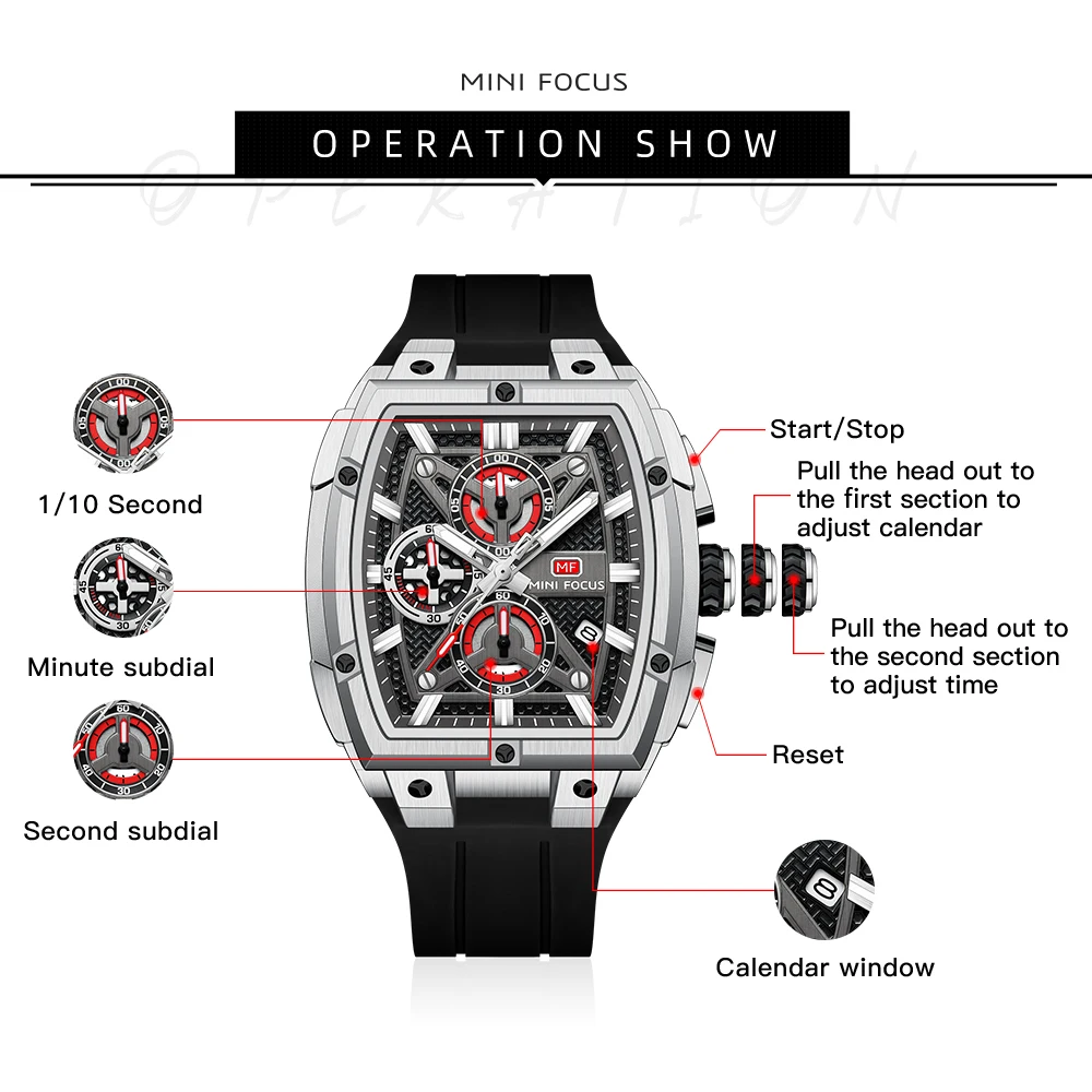 MINI FOCUS Chronograph Quartz Man New Model Watch for Men Sport Wristwatch with Black Rose Gold Silicone Strap MF0602G