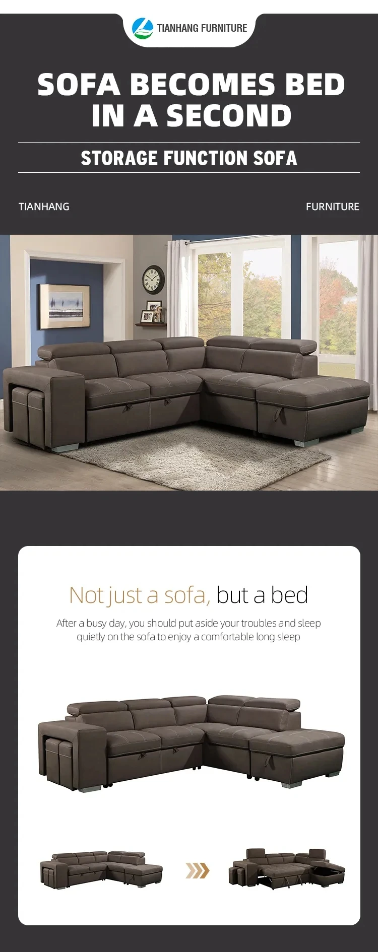 Sectional Sofa Fabric Corner Living Room Sofa With Pulled Out Bed 3