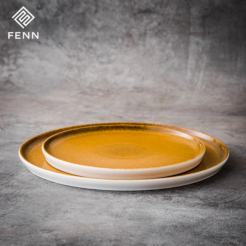 product fenn rustic unique reactive golden restaurant dinner plates high straight edge round steak plate hotel used ceramic plate set-58